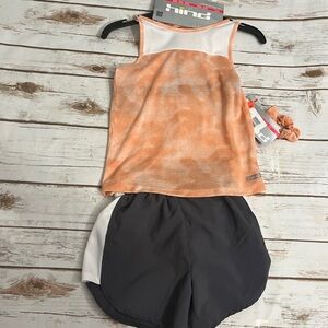 Girls Athletic Set Tank Top Shorts small NWT scrunchie‎ peach gray Hind